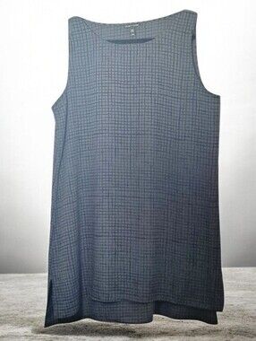 Eileen Fisher Silk Scoop Neck Sleeveless Sheath Dress Large Charcoal Grid EUC